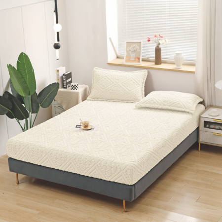 HUSE DE PAT CU ELASTIC - Husa Cu Elastic Si Fete De Perna Tip Tricotata Model Royal 180x200cm - Crem