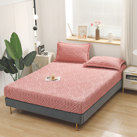 HUSE DE PAT CU ELASTIC - Husa Cu Elastic Si Fete De Perna Tip Tricotata Model Royal 180x200cm - Roz
