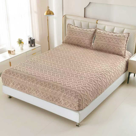 Huse De Pat Tricotate 180x200cm - Husa Cu Elastic Si Fete De Perna Tip Tricotate 180x200cm - Bej Cacao Cu Lapte