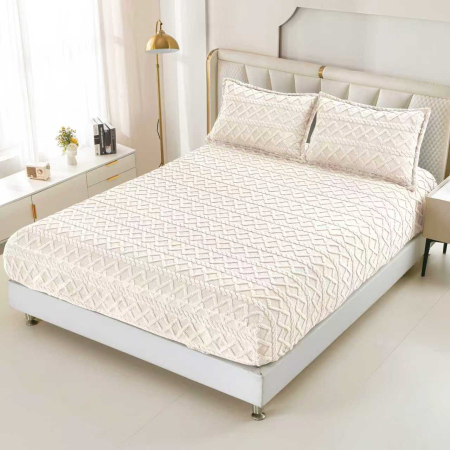 Huse De Pat Tricotate 180x200cm - Husa Cu Elastic Si Fete De Perna Tip Tricotate 180x200cm - Crem