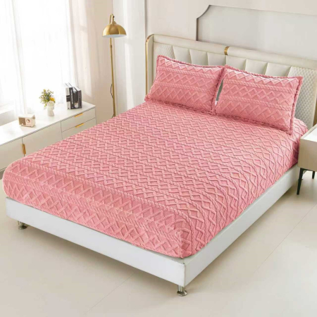 HUSE DE PAT CU ELASTIC - Husa Cu Elastic Si Fete De Perna Tip Tricotate 180x200cm - Roz