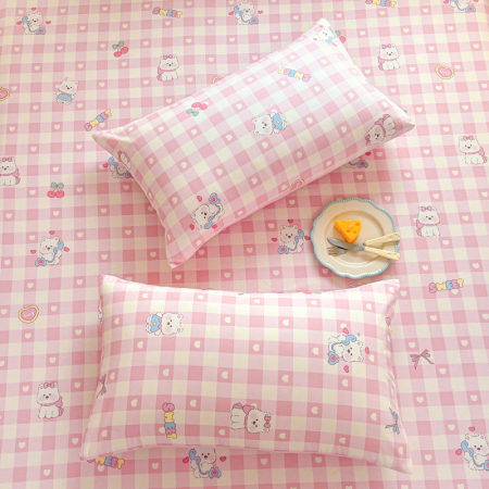 Husa Din Bumbac 100% Ranforce Cu Elastic Si Fete De Perna 160x200cm - Catelusi, Inimioare si Fundite Roz [1]