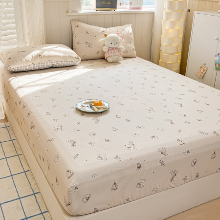 Husa Din Bumbac 100% Ranforce Cu Elastic Si Fete De Perna 160x200cm - Crem Cu Ursuleti [8]