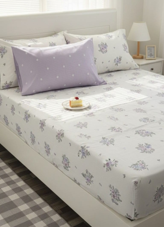 Huse De Pat Bumbac 100% Ranforce - Husa Din Bumbac 100% Ranforce Cu Elastic Si Fete De Perna 160x200cm - Floricele Si Lila