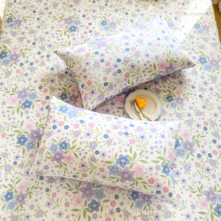 Husa Din Bumbac 100% Ranforce Cu Elastic Si Fete De Perna 160x200cm - Gradina Cu Flori Lila [4]