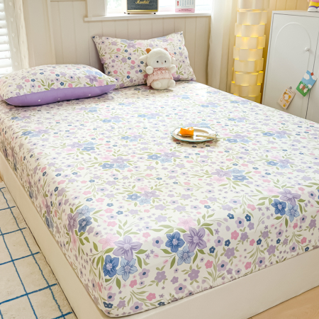 Husa Din Bumbac 100% Ranforce Cu Elastic Si Fete De Perna 160x200cm - Gradina Cu Flori Lila [8]