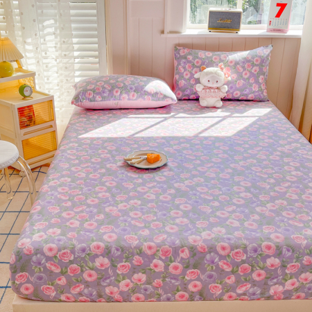 Husa Din Bumbac 100% Ranforce Cu Elastic Si Fete De Perna 160x200cm - Lila Cu Flori Roz [9]
