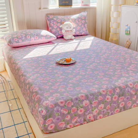 Husa Din Bumbac 100% Ranforce Cu Elastic Si Fete De Perna 160x200cm - Lila Cu Flori Roz [6]