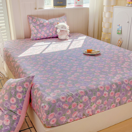 Husa Din Bumbac 100% Ranforce Cu Elastic Si Fete De Perna 160x200cm - Lila Cu Flori Roz [7]