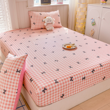 Husa Din Bumbac 100% Ranforce Cu Elastic Si Fete De Perna 160x200cm - Patratele Roz Cu Fundite [2]