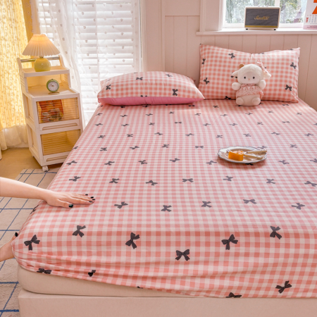 Husa Din Bumbac 100% Ranforce Cu Elastic Si Fete De Perna 160x200cm - Patratele Roz Cu Fundite [11]