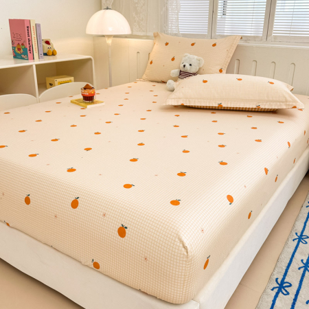 Husa Din Bumbac 100% Ranforce Cu Elastic Si Fete De Perna 160x200cm - Portocale Si Patratele [12]