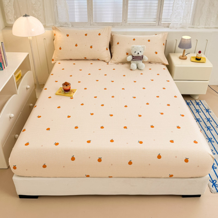 Huse De Pat Bumbac 100% Ranforce - Husa Din Bumbac 100% Ranforce Cu Elastic Si Fete De Perna 160x200cm - Portocale Si Patratele