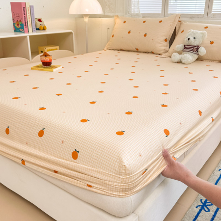 Husa Din Bumbac 100% Ranforce Cu Elastic Si Fete De Perna 160x200cm - Portocale Si Patratele [7]