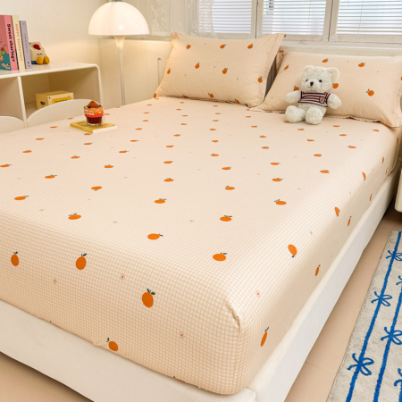 Husa Din Bumbac 100% Ranforce Cu Elastic Si Fete De Perna 160x200cm - Portocale Si Patratele [10]