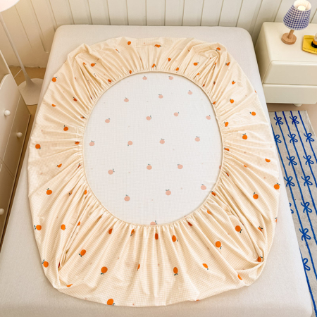 Husa Din Bumbac 100% Ranforce Cu Elastic Si Fete De Perna 160x200cm - Portocale Si Patratele [6]