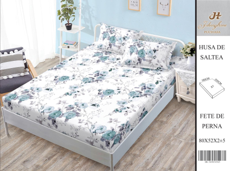 Huse De Pat BS 160x200cm - Husa Din Bumbac Satinat Cu Elastic Si Fete De Perna 160X200cm - Alb Cu Flori Albastrui