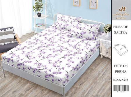 Huse De Pat BS 160x200cm - Husa Din Bumbac Satinat Cu Elastic Si Fete De Perna 160X200cm - Alb Cu Flori Mov