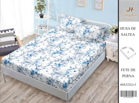 Huse De Pat BS 160x200cm - Husa Din Bumbac Satinat Cu Elastic Si Fete De Perna 160X200cm - Alb Cu Floricele Albastre