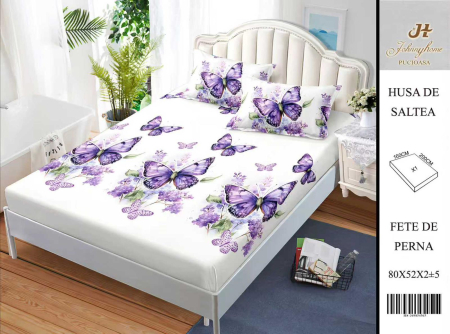 Huse De Pat BS 160x200cm - Husa Din Bumbac Satinat Cu Elastic Si Fete De Perna 160X200cm - Alb Cu Fluturasi Lila