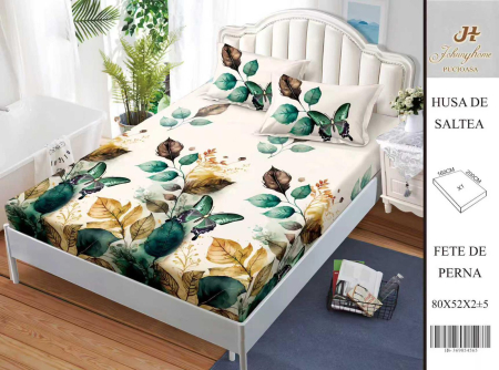 Huse De Pat BS 160x200cm - Husa Din Bumbac Satinat Cu Elastic Si Fete De Perna 160X200cm - Alb Cu Frunze Si Fluturi