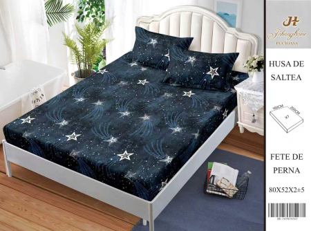 Huse De Pat BS 160x200cm - Husa Din Bumbac Satinat Cu Elastic Si Fete De Perna 160X200cm - Albastru Cu Planete Si Stele
