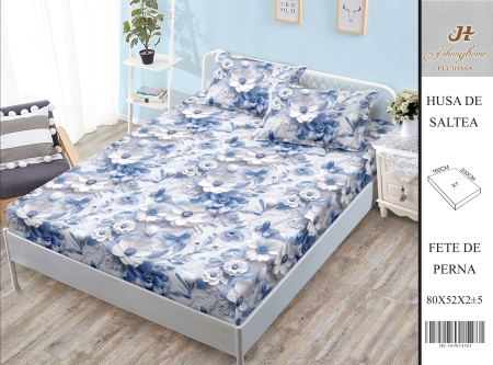 Huse De Pat BS 160x200cm - Husa Din Bumbac Satinat Cu Elastic Si Fete De Perna 160X200cm - Baby Blue Cu Flori