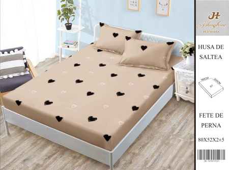 Huse De Pat BS 160x200cm - Husa Din Bumbac Satinat Cu Elastic Si Fete De Perna 160X200cm - Bej Inchis Cu Inimioare