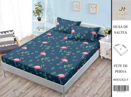 Huse De Pat BS 160x200cm - Husa Din Bumbac Satinat Cu Elastic Si Fete De Perna 160X200cm - Bleumarin Cu Flamingo