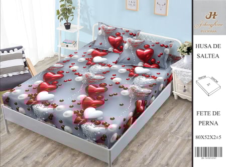 Huse De Pat BS 160x200cm - Husa Din Bumbac Satinat Cu Elastic Si Fete De Perna 160X200cm - Cascada De Inimioare