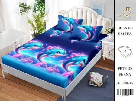 Huse De Pat BS 160x200cm - Husa Din Bumbac Satinat Cu Elastic Si Fete De Perna 160X200cm - Delfini