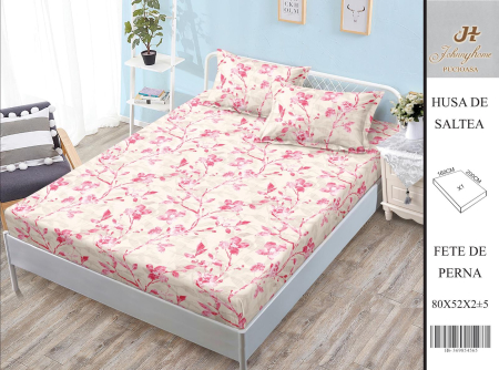 Huse De Pat BS 160x200cm - Husa Din Bumbac Satinat Cu Elastic Si Fete De Perna 160X200cm - Flori Roz