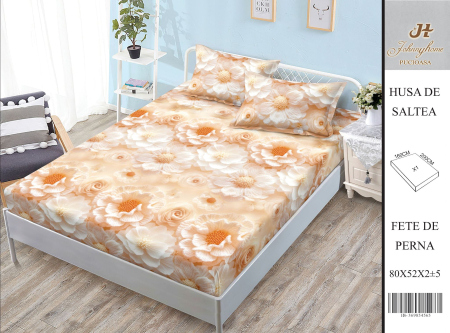 Huse De Pat BS 160x200cm - Husa Din Bumbac Satinat Cu Elastic Si Fete De Perna 160X200cm - Floricele Crosetate
