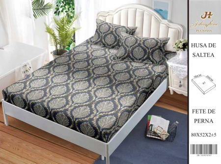 Huse De Pat BS 160x200cm - Husa Din Bumbac Satinat Cu Elastic Si Fete De Perna 160X200cm - Frunze Abstracte