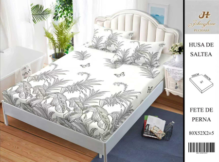 Huse De Pat BS 160x200cm - Husa Din Bumbac Satinat Cu Elastic Si Fete De Perna 160X200cm - Frunze Creionate