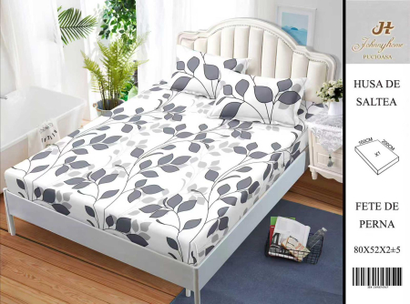 Huse De Pat BS 160x200cm - Husa Din Bumbac Satinat Cu Elastic Si Fete De Perna 160X200cm - Frunze Gri