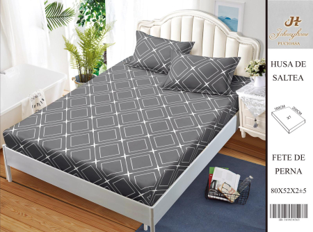 Huse De Pat BS 160x200cm - Husa Din Bumbac Satinat Cu Elastic Si Fete De Perna 160X200cm - Gri Antracit Cu Romburi