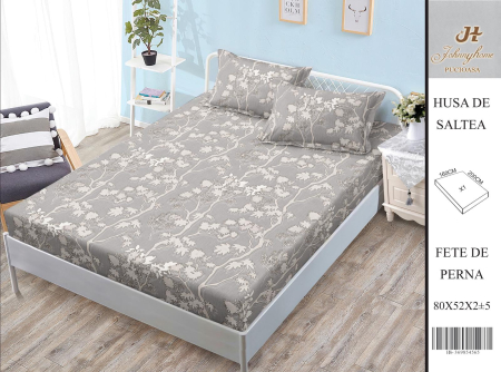 Huse De Pat BS 160x200cm - Husa Din Bumbac Satinat Cu Elastic Si Fete De Perna 160X200cm - Gri Cu Crengi