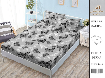 Huse De Pat BS 160x200cm - Husa Din Bumbac Satinat Cu Elastic Si Fete De Perna 160X200cm - Gri Cu Fluturi