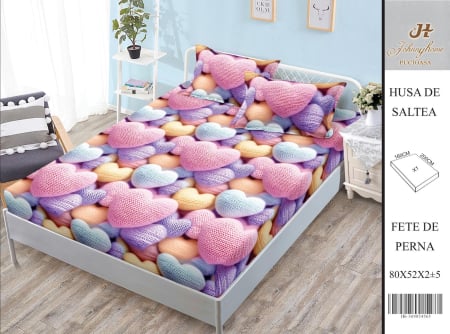 Huse De Pat BS 160x200cm - Husa Din Bumbac Satinat Cu Elastic Si Fete De Perna 160X200cm - Inimi Crosetate