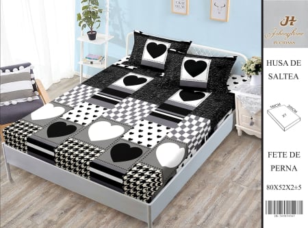 Huse De Pat BS 160x200cm - Husa Din Bumbac Satinat Cu Elastic Si Fete De Perna 160X200cm - Inimioare Si Carouri
