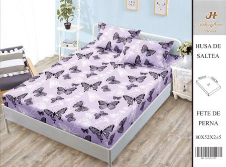 Huse De Pat BS 160x200cm - Husa Din Bumbac Satinat Cu Elastic Si Fete De Perna 160X200cm - Lila Cu Fluturasi