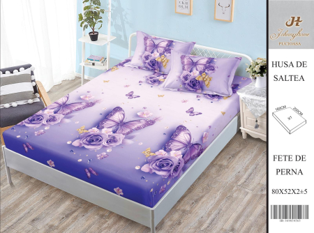 Huse De Pat BS 160x200cm - Husa Din Bumbac Satinat Cu Elastic Si Fete De Perna 160X200cm - Lila Cu Fluturasi Si Trandafiri