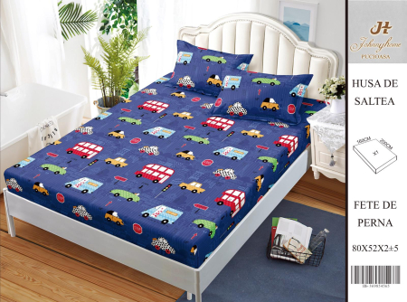 Huse De Pat BS 160x200cm - Husa Din Bumbac Satinat Cu Elastic Si Fete De Perna 160X200cm - Masinute Colorate