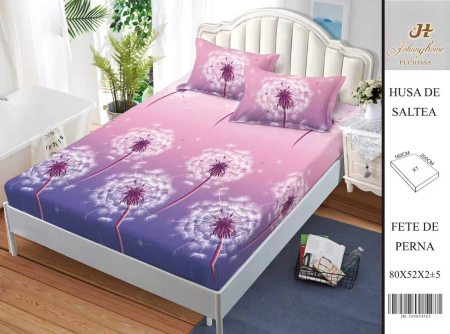 Huse De Pat BS 160x200cm - Husa Din Bumbac Satinat Cu Elastic Si Fete De Perna 160X200cm - Mov Degrade Cu Papadii