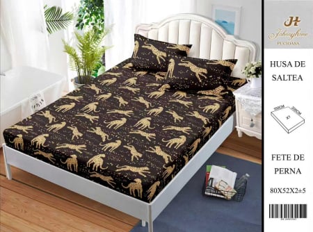 Huse De Pat BS 160x200cm - Husa Din Bumbac Satinat Cu Elastic Si Fete De Perna 160X200cm - Negru Cu Leoparzi