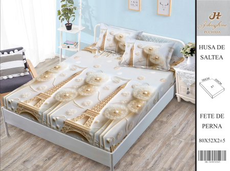 Huse De Pat BS 160x200cm - Husa Din Bumbac Satinat Cu Elastic Si Fete De Perna 160X200cm - Paris Si Papadii