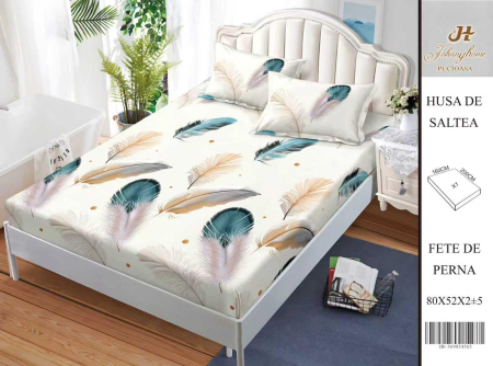 Huse De Pat BS 160x200cm - Husa Din Bumbac Satinat Cu Elastic Si Fete De Perna 160X200cm - Pene Crem Si Albastre