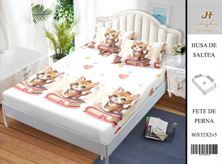 Huse De Pat BS 160x200cm - Husa Din Bumbac Satinat Cu Elastic Si Fete De Perna 160X200cm - Pisicute Si Carti
