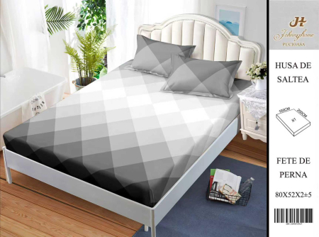 Huse De Pat BS 160x200cm - Husa Din Bumbac Satinat Cu Elastic Si Fete De Perna 160X200cm - Romburi Gri Degrade